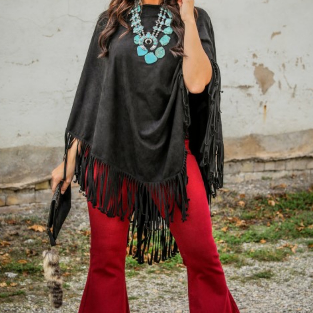 Black Suede Western Poncho